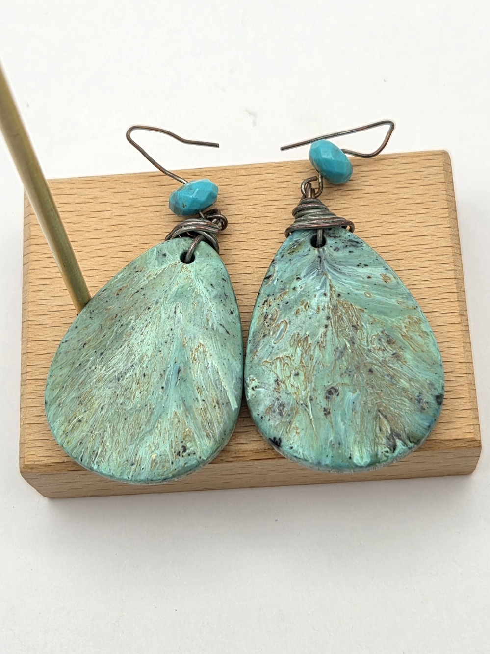 Artisan Wire Wrapped Aqua Teal Teardrop Earrings